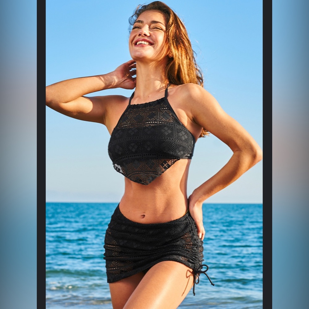 NWT🖤 Black Mesh Handkerchief Hem Bikini Top & Swim Skirt Set